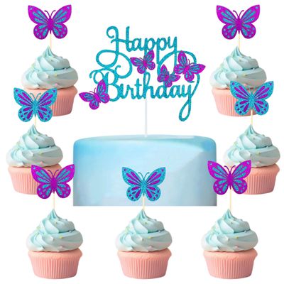 13 PCS Blue & Purple Happy Birthday Cake Toppers 3D Double-Layer Butterfly Cupcake Decorations for Birthday Parties and Baby Showers Cake Decor