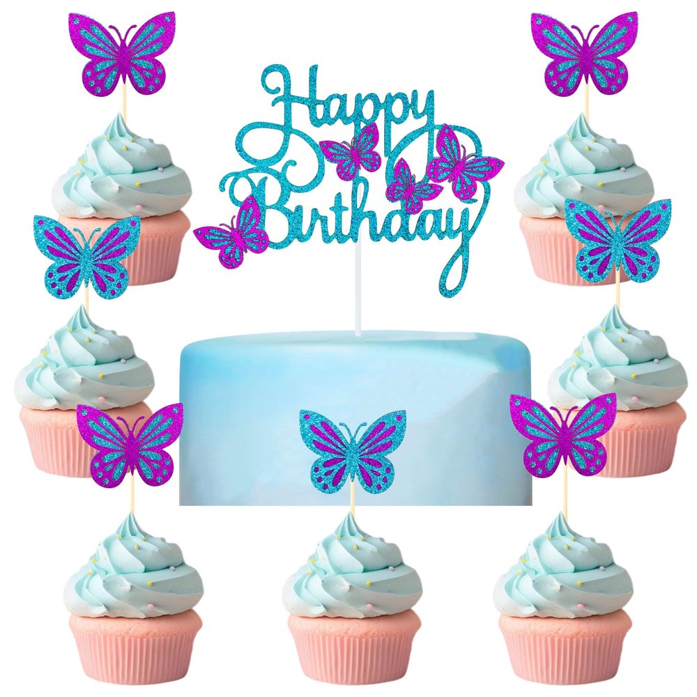 13 PCS Blue & Purple Happy Birthday Cake Toppers 3D Double-Layer Butterfly Cupcake Decorations for Birthday Parties and Baby Showers Cake Decor