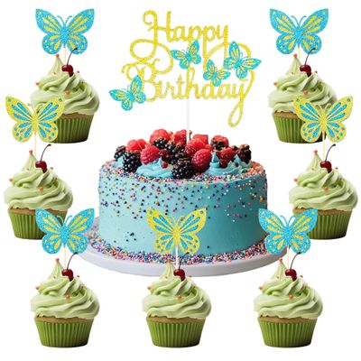 13 PCS Gold & Blue Happy Birthday Cake Toppers 3D Double-Layer Butterfly Cupcake Decorations for Birthday Parties and Baby Showers Cake Decor