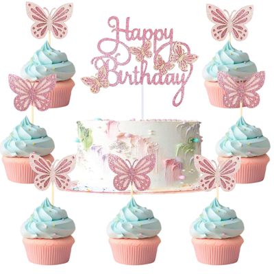 13 PCS Pink Happy Birthday Cake Toppers 3D Double-Layer Butterfly Cupcake Decorations for Birthday Parties and Baby Showers Cake Decor