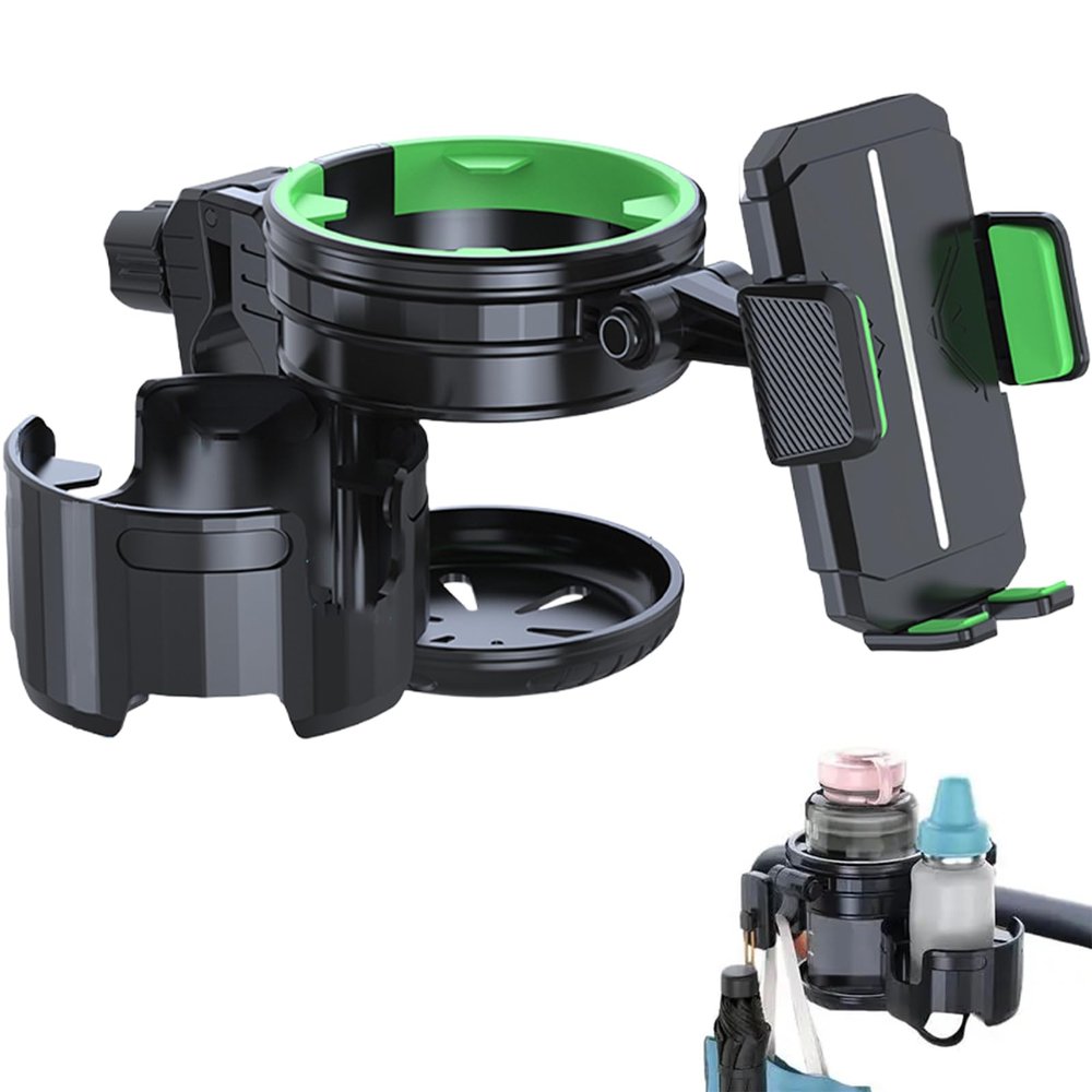 4-in-1 Universal Cup Holder for Stroller, Bicycle, Wheelchair & Shopping Cart | 360 Rotatable, Anti-Slip Silicone Grip Spill-Proof Design | Adjustable Single/Double Cup and Phone HolderGreen