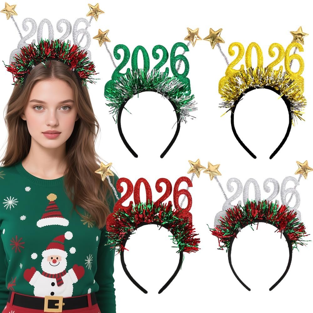 4pcs 2026 New Year Headband 2026 Year Star Tinsel Head Bopper Headdress for 2026 New Years Eve Party Decorations