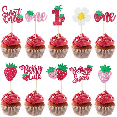 10 pieces Strawberry Sweet One Cupcake Decorations - Red, Green, Pink 1st Birthday Cupcake Inserts - Suitable for baby's 1st birthday, baby garden party decorations
