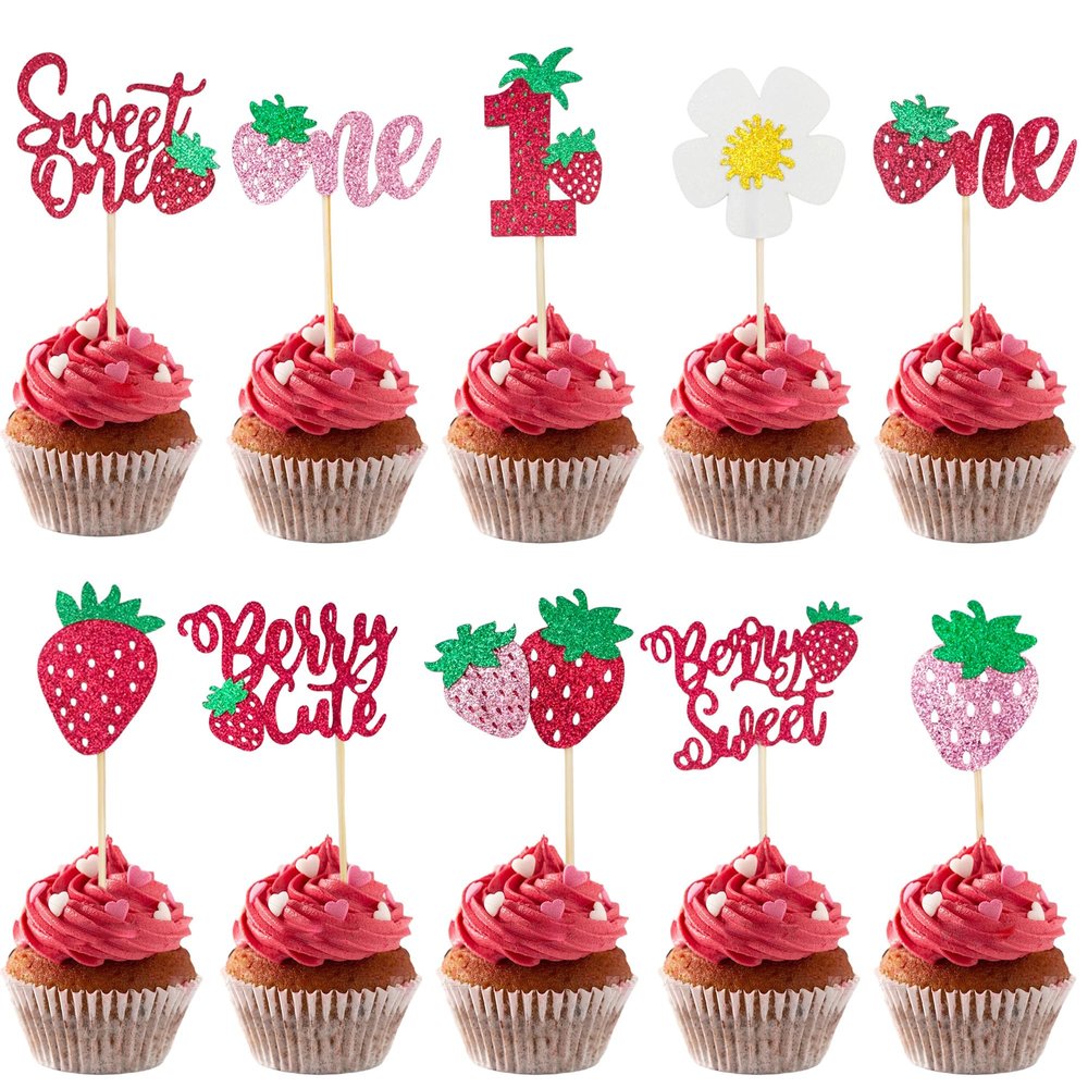 10 pieces Strawberry Sweet One Cupcake Decorations - Red, Green, Pink 1st Birthday Cupcake Inserts - Suitable for baby's 1st birthday, baby garden party decorations