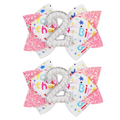 2PCS Hair Bows for Baby Girls Birthday - Glitter 2nd Birthday Hair Bow Sweet Theme with Ice Cream Party, Pink Hair Accessories for Baby Toddler 1 2 3 4 5 6 Years, Outfit & Decorations