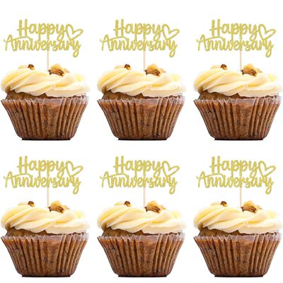 12Pcs Gold Happy Anniversary Cupcake Toppers - Glitter Wedding Anniversary Cupcake Decoration for Weddings Anniversaries Party Cake Decoration Supplies