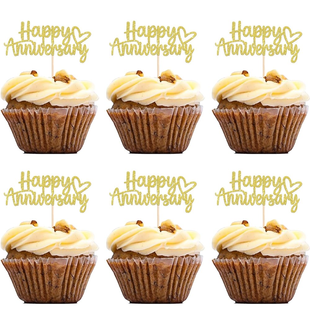 12Pcs Gold Happy Anniversary Cupcake Toppers - Glitter Wedding Anniversary Cupcake Decoration for Weddings Anniversaries Party Cake Decoration Supplies