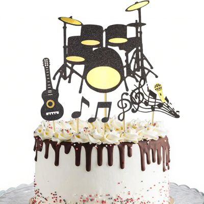 12Pcs Black Music Theme Cupcake Toppers - Glitter Drums Guitar Notes Cupcake Decorations for Music Lovers Birthday Party Cake Decoration Supplies