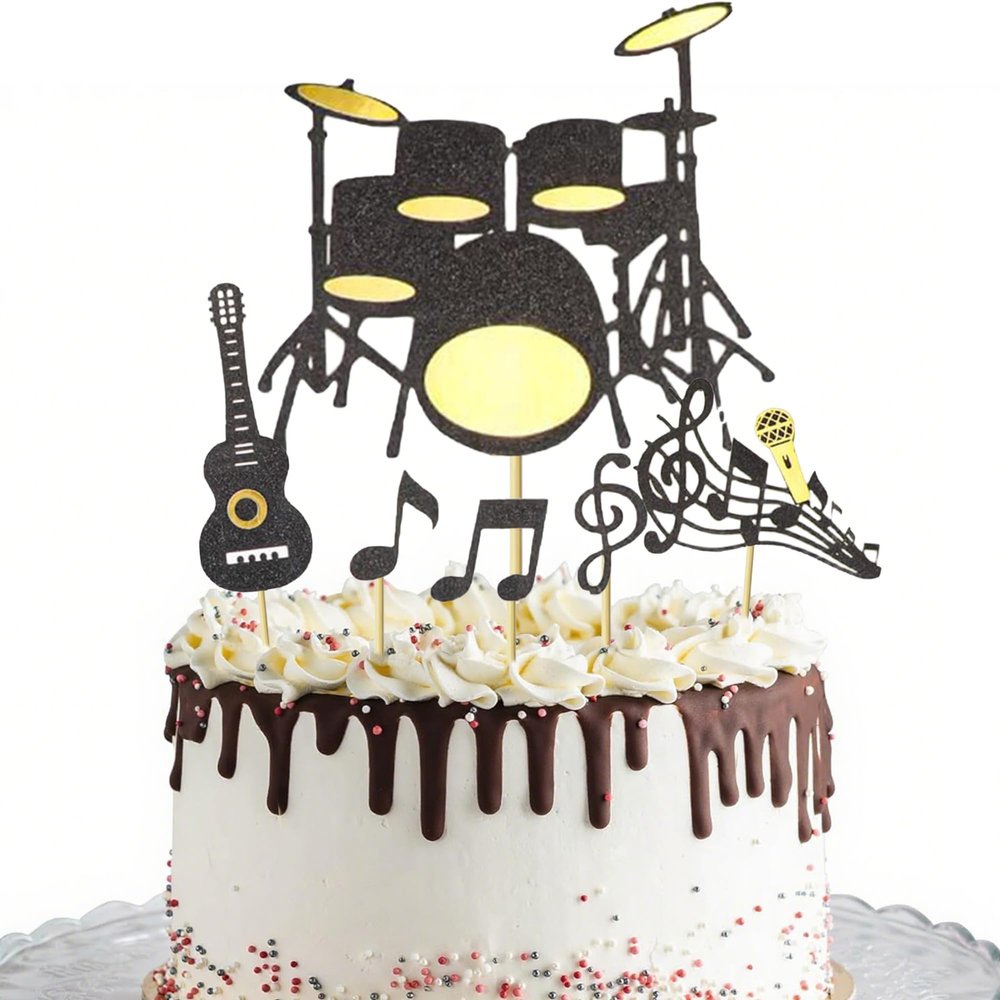12Pcs Black Music Theme Cupcake Toppers - Glitter Drums Guitar Notes Cupcake Decorations for Music Lovers Birthday Party Cake Decoration Supplies