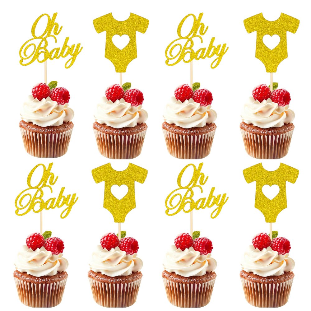 18 Pieces Gold Oh Baby Cake Decorations - Glitter Cupcake Inserts - Suitable for Baby Birthday Parties, Gender Reveals Cake Decorations