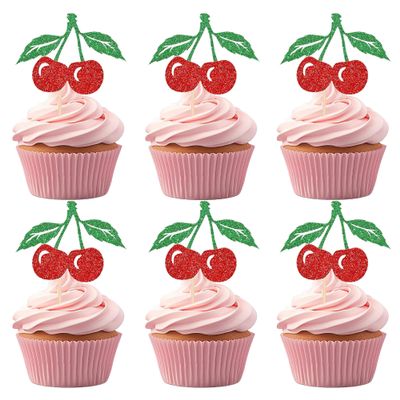 12 Pcs Cherry Cupcake Toppers Red Glitter Cherry Cupcake Picks for Fruit Theme Birthday Party Baby Shower Cupcake Decoration Supplies