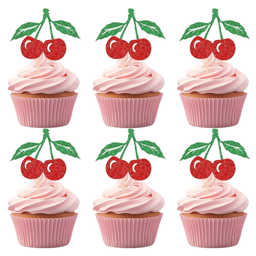 12 Pcs Cherry Cupcake Toppers Red Glitter Cherry Cupcake Picks for Fruit Theme Birthday Party Baby Shower Cupcake Decoration Supplies