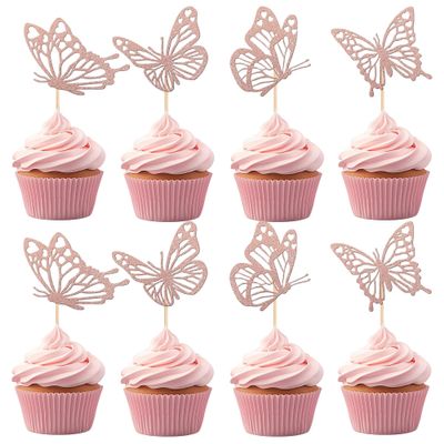 12 Pcs Pink Butterfly Cupcake Toppers - Glitter Hollow Butterfly Cupcake Decoration for Butterflies Theme Party Wedding Anniversary Birthday Party Cake Decoration