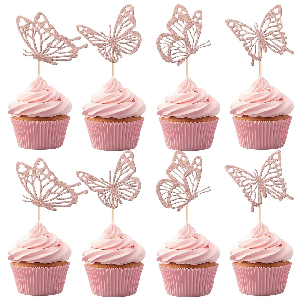 12 Pcs Pink Butterfly Cupcake Toppers - Glitter Hollow Butterfly Cupcake Decoration for Butterflies Theme Party Wedding Anniversary Birthday Party Cake Decoration