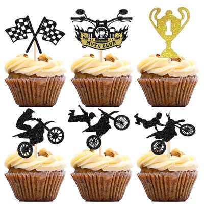 12Pcs Motorcycle Cupcake Toppers - Black Glitter Racing Trophy Cupcake Picks for Motocross Sports Theme Birthday Party Cupcake Decorations Supplies