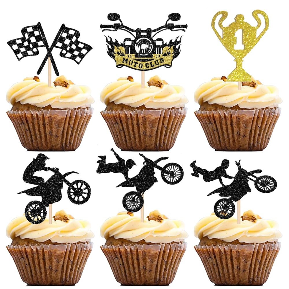 12Pcs Motorcycle Cupcake Toppers - Black Glitter Racing Trophy Cupcake Picks for Motocross Sports Theme Birthday Party Cupcake Decorations Supplies