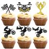 12Pcs Motorcycle Cupcake Toppers - Black Glitter Racing Trophy Cupcake Picks for Motocross Sports Theme Birthday Party Cupcake Decorations Supplies view 1