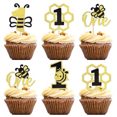 12Pcs Bee One Cupcake Toppers - Gold Glitter Honeycomb Number 1 Cupcake Picks for Bee Theme Gender Reveal Baby Shower First Birthday Party Cupcake Decoration
