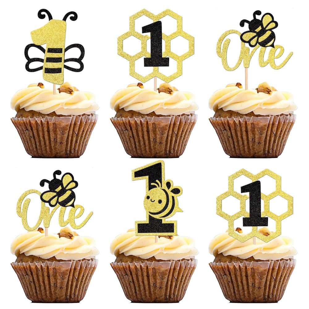 12Pcs Bee One Cupcake Toppers - Gold Glitter Honeycomb Number 1 Cupcake Picks for Bee Theme Gender Reveal Baby Shower First Birthday Party Cupcake Decoration