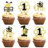 12Pcs Bee One Cupcake Toppers - Gold Glitter Honeycomb Number 1 Cupcake Picks for Bee Theme Gender Reveal Baby Shower First Birthday Party Cupcake Decoration view 1