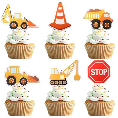 12Pcs Construction Theme Cupcake Toppers - Excavator Tractor Stop Sign Dump Truck Cupcake Decoration for Kids Birthday Party Baby Shower Cake Decor