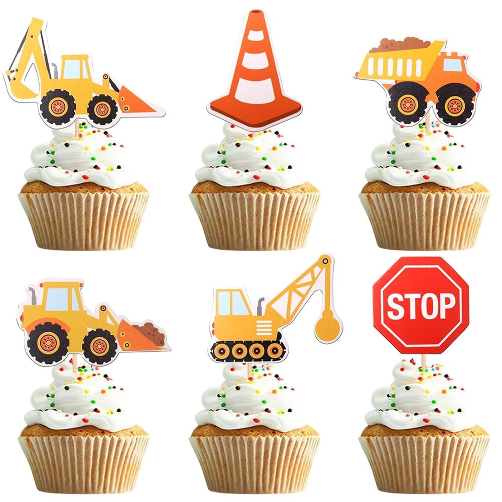 12Pcs Construction Theme Cupcake Toppers - Excavator Tractor Stop Sign Dump Truck Cupcake Decoration for Kids Birthday Party Baby Shower Cake Decor