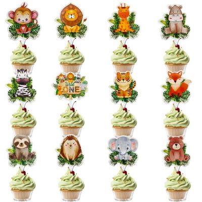 12 Pieces Jungle Animal Cupcake Decorations - Colorful Animal Green Leaf Baby Christening Cupcake Inserts - Suitable for Baby Children's Birthday Outdoor Party Supplies