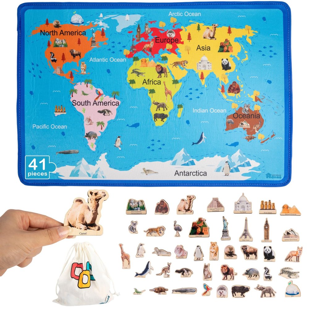Adena Montessori World Map for Kids, Educational Wooden Puzzles with 30 Animals & 11 Landmarks, Sorting & Stacking Geography Learning Toys for Children Ages 4-6, Home or Classroom Use