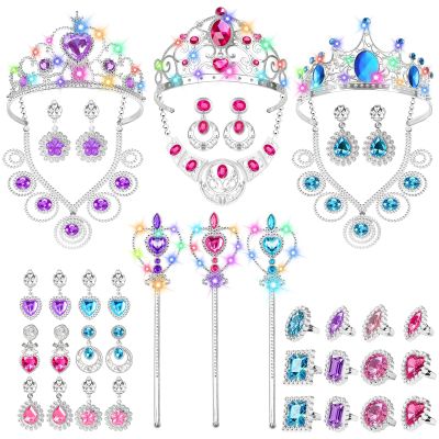 DUDUCOFU Princess Kids Jewelry for Girls Light Up Princess Crowns Wands, 40 Pcs Dress Up Accessories with Necklaces Rings Clip on Earrings for Girls Costumes Jewelry Toys Gift