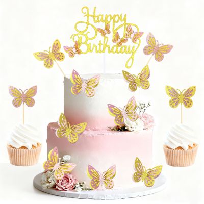 13 Pieces Butterfly Happy Birthday Cake Decorations, Pink and Gold Glitter Butterfly Cupcake Inserts, Suitable for Girls Women's Birthday Party Cake Decorations Supplies