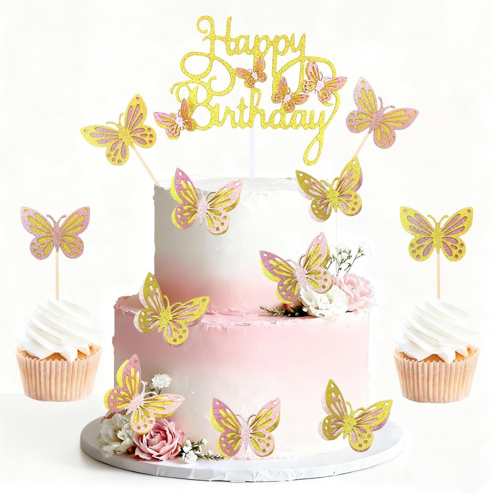 13 Pieces Butterfly Happy Birthday Cake Decorations, Pink and Gold Glitter Butterfly Cupcake Inserts, Suitable for Girls Women's Birthday Party Cake Decorations Supplies