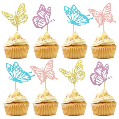 12 Pcs Multicolor Butterfly Cupcake Toppers - Glitter Hollow Butterfly Cupcake Decoration for Butterflies Theme Party Wedding Anniversary Birthday Party Cake Decoration