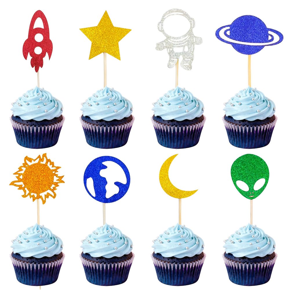 16 Pieces Space Themed Birthday Cupcake Decorations - Astronaut Rocket Alien Cupcake Inserts - Suitable for Baby and Children's Birthday Party Decorations