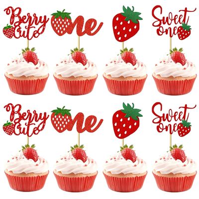 12 Pcs Strawberry Sweet One Cupcake Toppers - Glitter Berry 1st Birthday Cupcake Decoration for Fruit Theme Birthday Party Baby Shower Cake Decor Supplies
