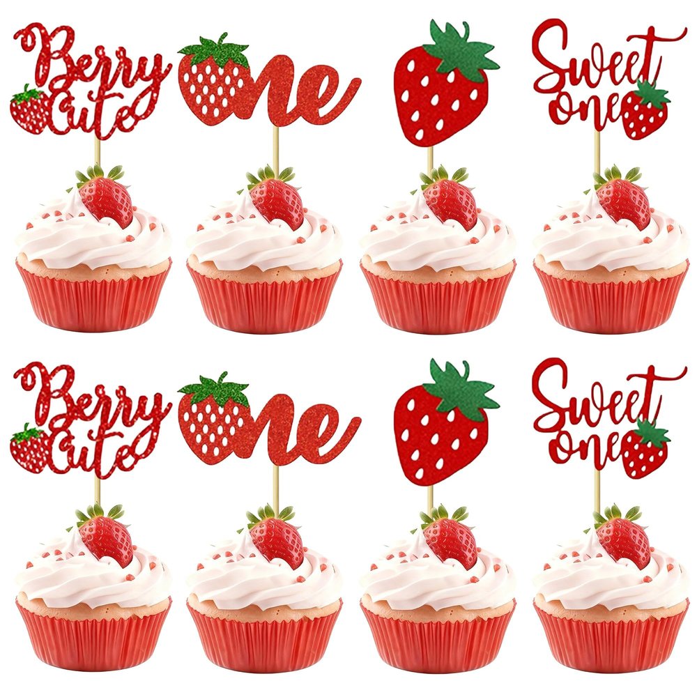 12 Pcs Strawberry Sweet One Cupcake Toppers - Glitter Berry 1st Birthday Cupcake Decoration for Fruit Theme Birthday Party Baby Shower Cake Decor Supplies