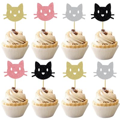 12Pcs Multicolor Cat Cupcake Topper - Glitter Kitten Pet Theme Cupcake Decoration for Cat Lovers or Kids Birthday Party Cake Decoration Supplies