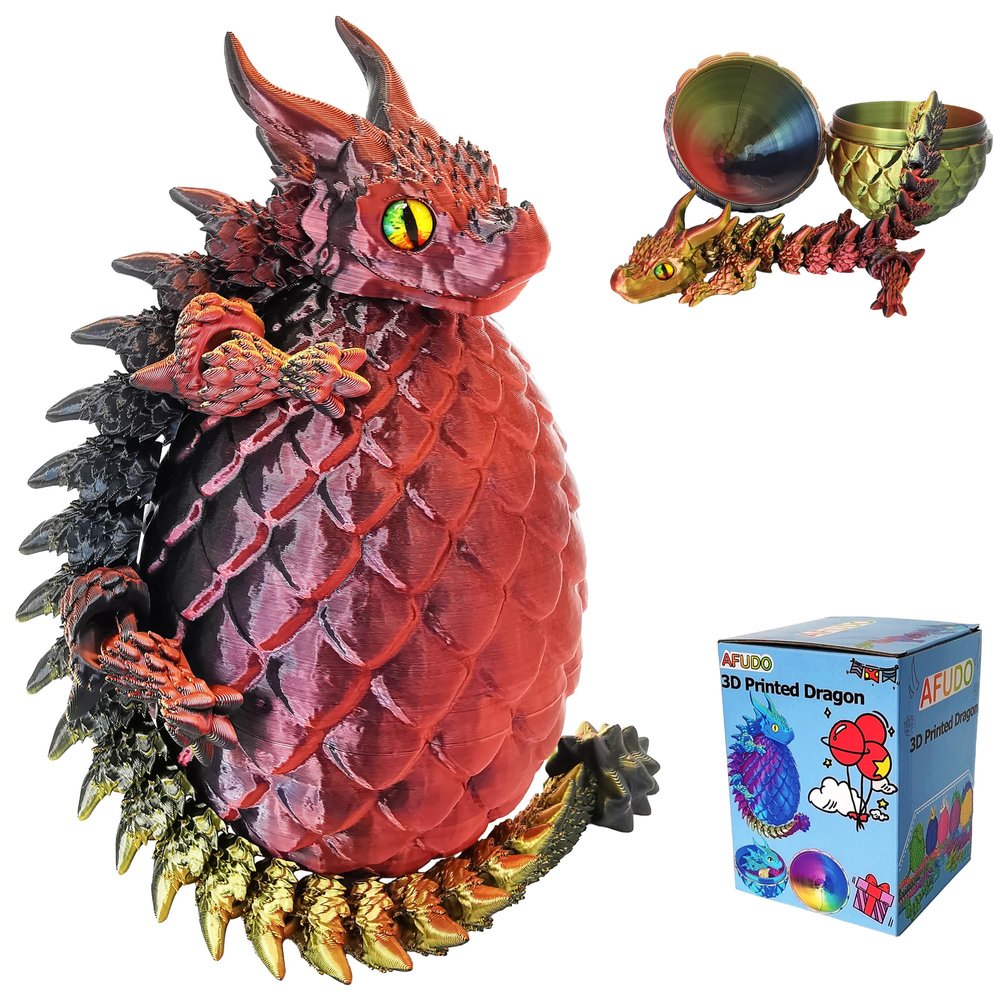 3D Printed Dragon Eggs with Dragon Inside, Large Articulated Dragons Toys with Eyes, Animal Fidget Toy Easter Surprise Eggs Home Decor Executive Desk Toy, Easter Gift for Kids (Red+Black+Golden)