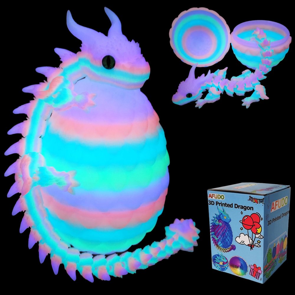 3D Printed Dragon Eggs with Dragon Inside, Large Articulated Dragons Toys with Eyes, Easter Basket Essentials Stuffers Surprise Eggs Home Decor Executive Desk Toy (Glow in Dark Rainbow-2)
