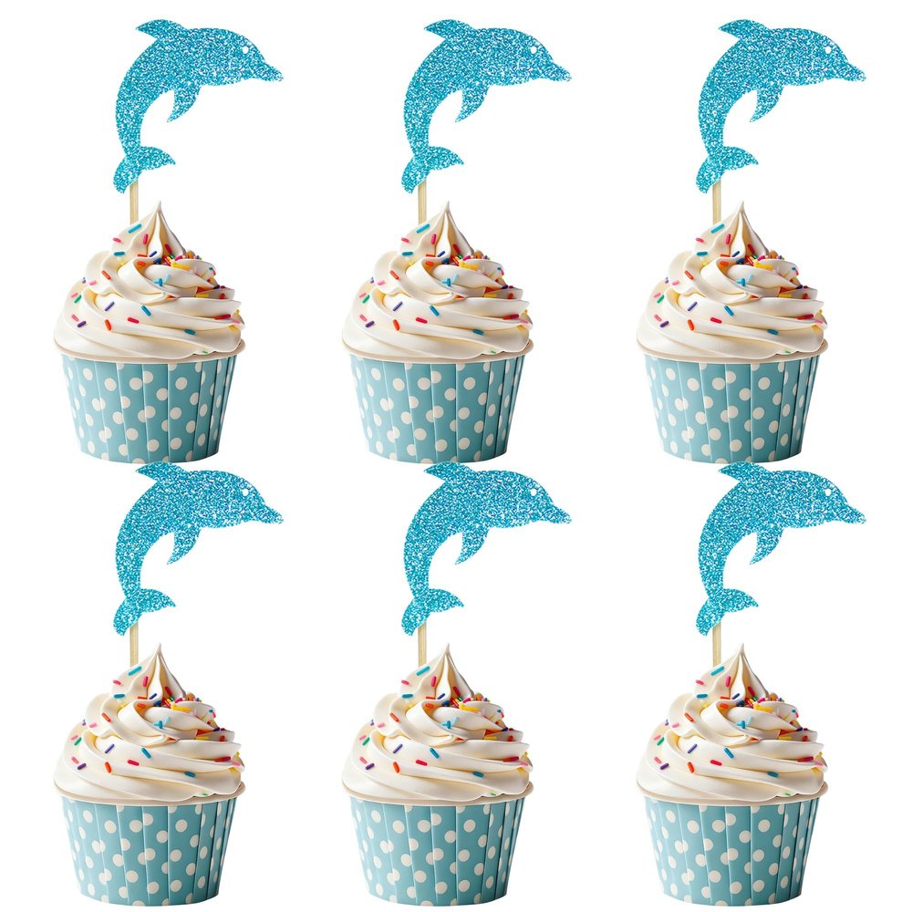 12 Pcs Blue Dolphin Cupcake Toppers - Glitter Ocean Theme Cupcake Decoration for Dolphin Theme Party Baby Shower Birthday Party Cake Decoration Supplies