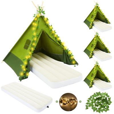Chunm 4 Sets Camp Teepee Tent Set Camping Party Tents Decorations Vbs Sunday School Backdrop Photography with Mattress Lights and Fake Vines for Camping Sleepovers Slumber Birthday Party Supplies