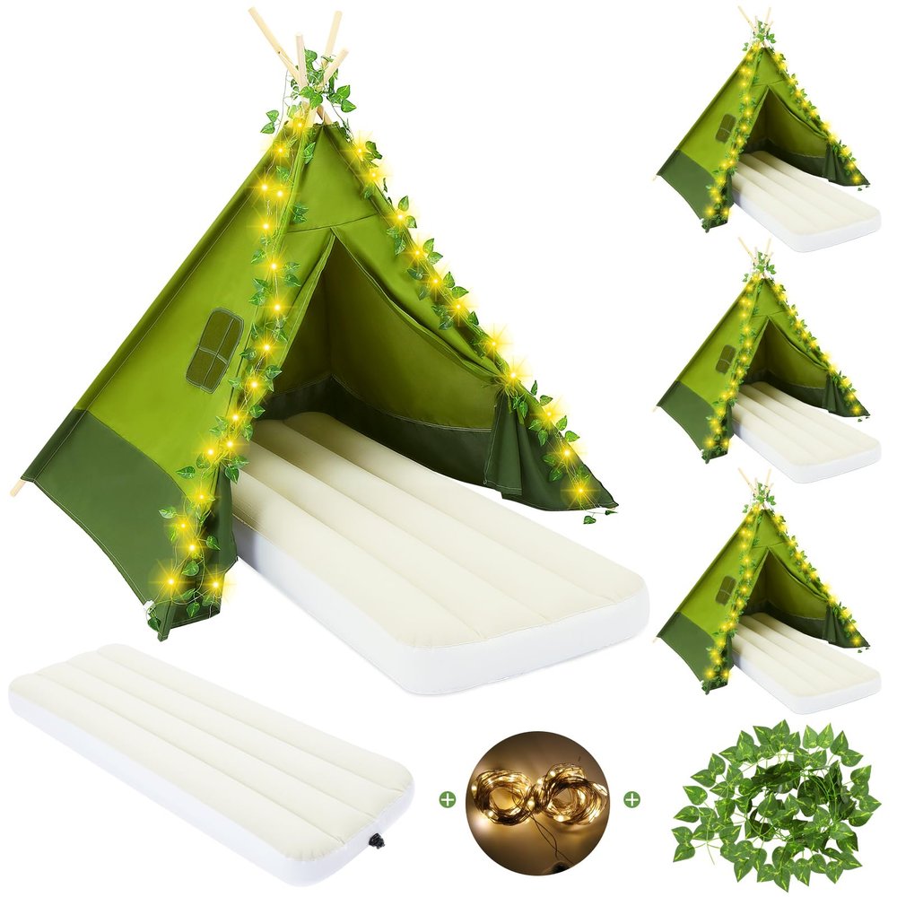 Chunm 4 Sets Camp Teepee Tent Set Camping Party Tents Decorations Vbs Sunday School Backdrop Photography with Mattress Lights and Fake Vines for Camping Sleepovers Slumber Birthday Party Supplies