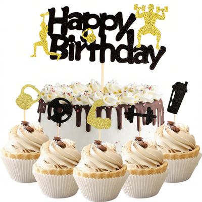11Pcs Weightlifting Happy Birthday Cake Topper Set- Black Gold Glitter Fitness Cupcake Decoration for Gym Party Fitness Theme Birthday Party Cake Decoration