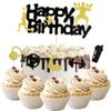 11Pcs Weightlifting Happy Birthday Cake Topper Set- Black Gold Glitter Fitness Cupcake Decoration for Gym Party Fitness Theme Birthday Party Cake Decoration view 1