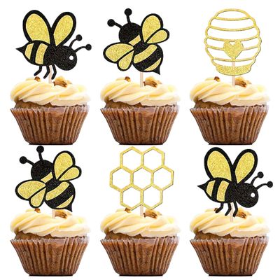12Pcs Bumblebee Cupcake Toppers - Gold Glitter Heart Honeycomb Bee Cupcake Picks for Bee Theme Baby Shower Birthday Party Cupcake Decoration Supplies