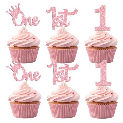 12 Pcs 1st Birthday Cupcake Toppers - Pink Glitter Crown One Cupcake Decorations Number 1 Cupcake Picks for Baby Shower First Birthday Party Cake Decor Supplies