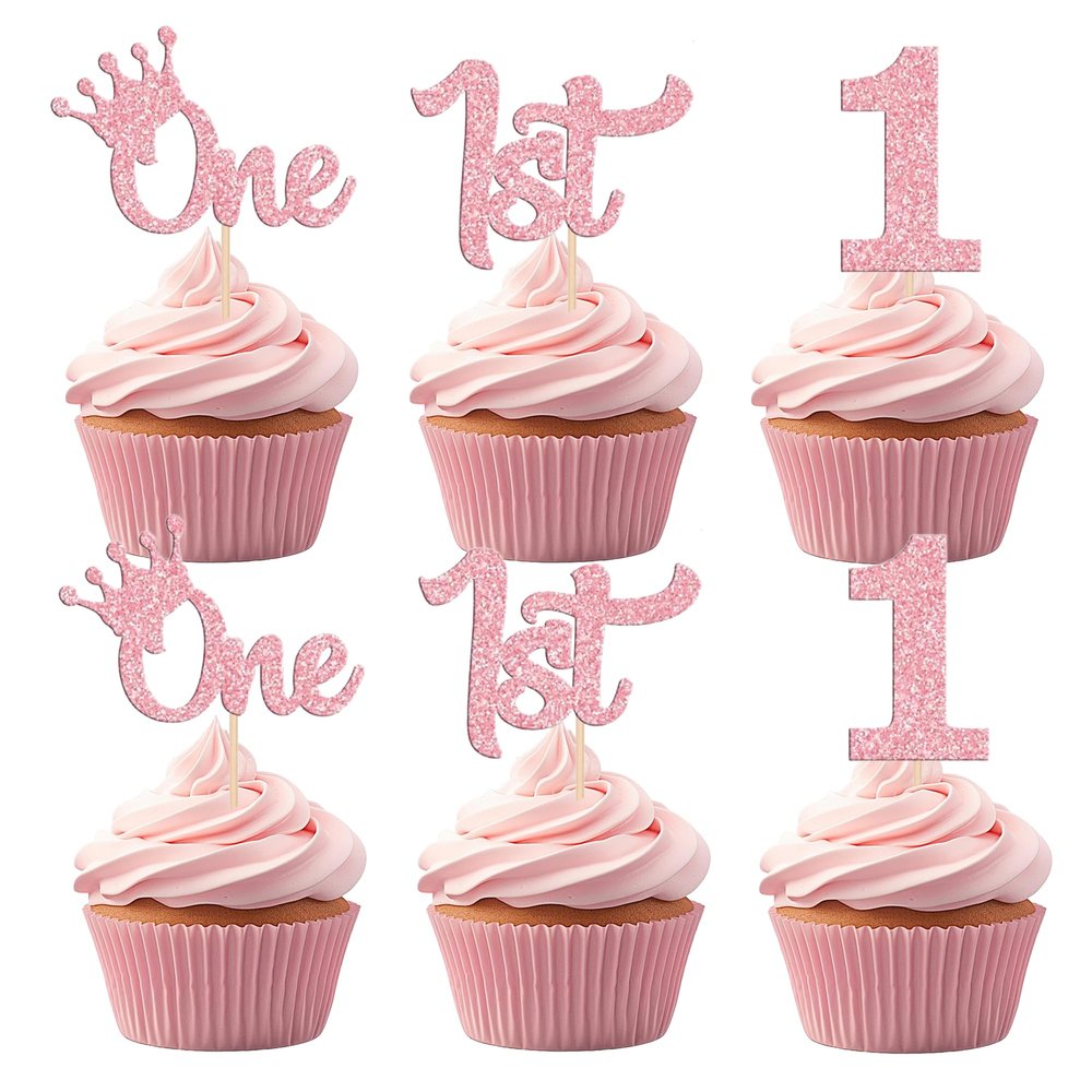 12 Pcs 1st Birthday Cupcake Toppers - Pink Glitter Crown One Cupcake Decorations Number 1 Cupcake Picks for Baby Shower First Birthday Party Cake Decor Supplies