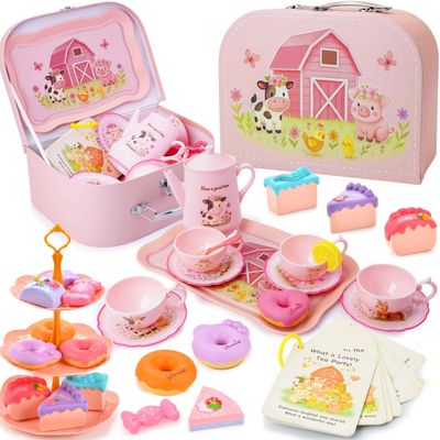 Lajeje Pink Barn Tea Party Set for Little Girls, 47PCS Farm Animal Pretend Play Tea Time Kit, Tea Sets for Toddlers 3-5 with Teapot & Story Cards, Carry Case Girls Birthday Gift, Easter Basket Stuffer