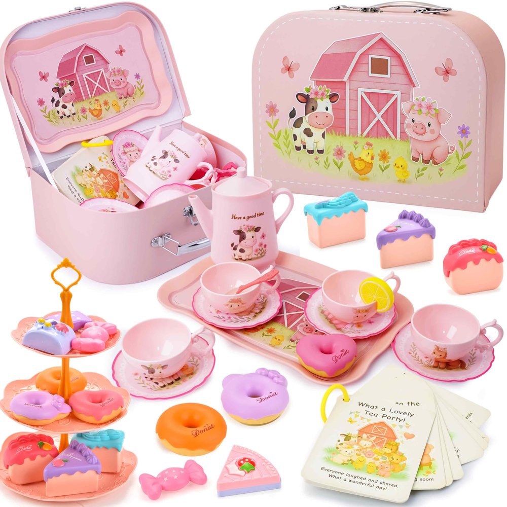 Lajeje Pink Barn Tea Party Set for Little Girls, 47PCS Farm Animal Pretend Play Tea Time Kit, Tea Sets for Toddlers 3-5 with Teapot & Story Cards, Carry Case Girls Birthday Gift, Easter Basket Stuffer