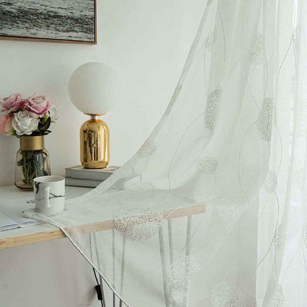 HooHero White Exquisite Simple Coil Embroidered 54 Width Sheer Curtains Rod Pocket Semi Panel Drape Home Decoration for Living Kids Room Bedroom Balcony