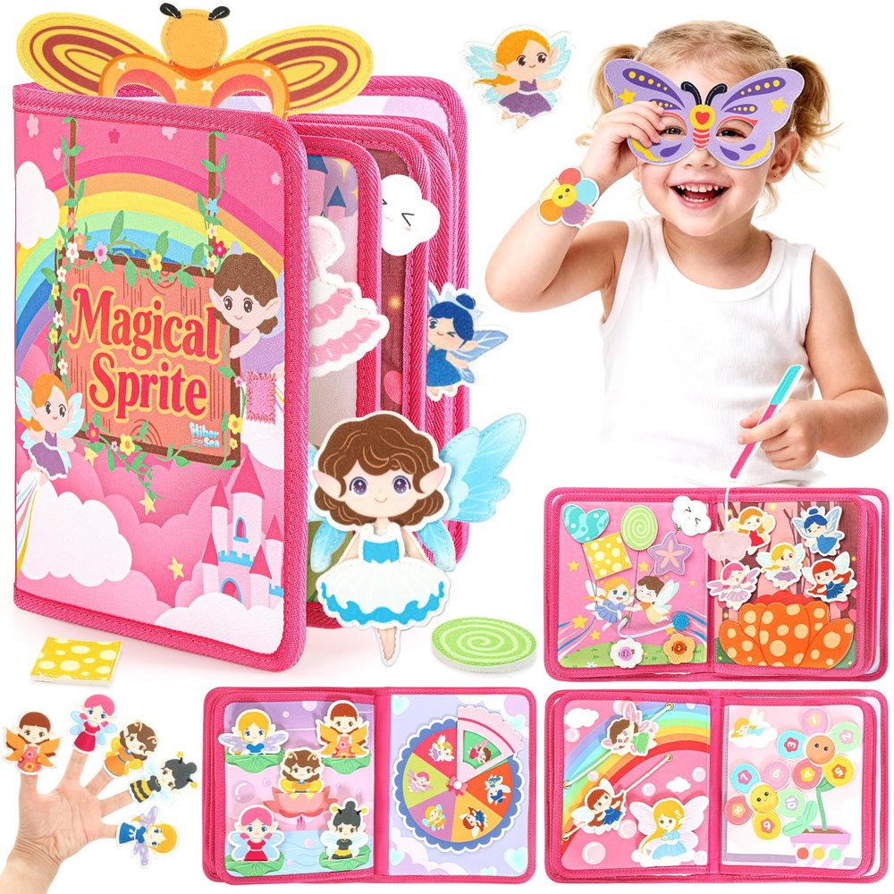 22 in 1 Busy Book for Toddlers 1-3-Sprite Montessori Toy Busy Board for 1 Year Old with Fishing Game, Educational Sensory Quiet Toy, Airplane Car Travel Essential Valentines Birthday Easter Gift Girl
